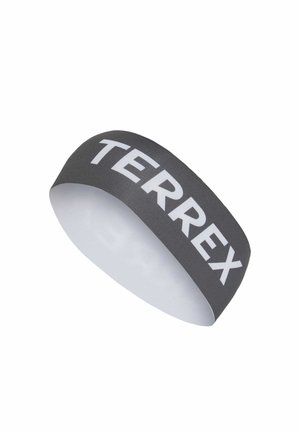 Gray elastic headband featuring "TERREX" text in bold white letters, smooth texture, designed for athletic use.