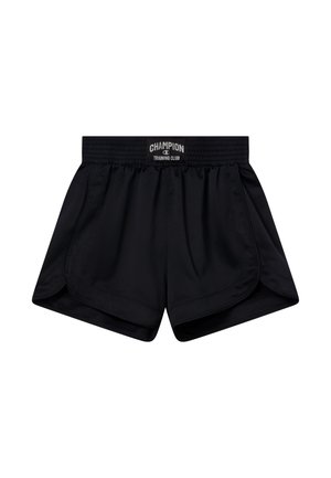 Pantaloncini sportivi neri con vita elastica, logo "Champion Training Club", orli laterali curvi e tessuto leggero e liscio.