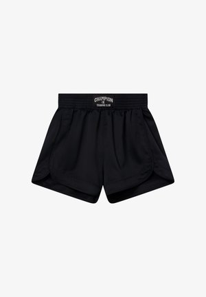Shorts de sport noirs avec taille élastique portant le logo "Champion Training Club", ourlets latéraux incurvés et tissu léger et lisse.