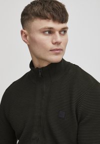 Pulover tricotat cu fermoar, de culoare verde măsliniu închis, cu textură rugoasă, guler înalt și un mic patch logo negru pe piept.