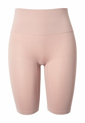 High-waist, seamless, light pink compression shorts designed for a snug fit and mid-thigh length.