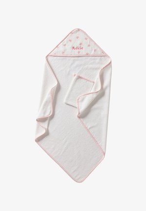 White baby hooded towel with pink trim, small washcloth, and pink embroidered name "Adèle" on hood decorated with pink butterflies.
