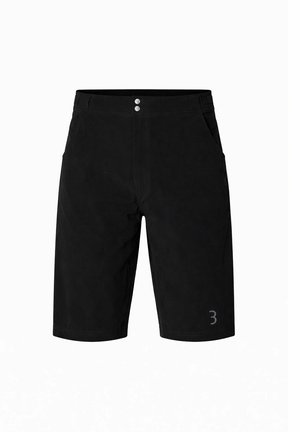 Schwarze knielange Shorts mit zwei silbernen Knöpfen an der Taille, seitlichen Taschen und einem kleinen reflektierenden Logo am linken Bein.