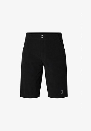 Schwarze knielange Shorts mit zwei silbernen Knöpfen an der Taille, seitlichen Taschen und einem kleinen reflektierenden Logo am linken Bein.