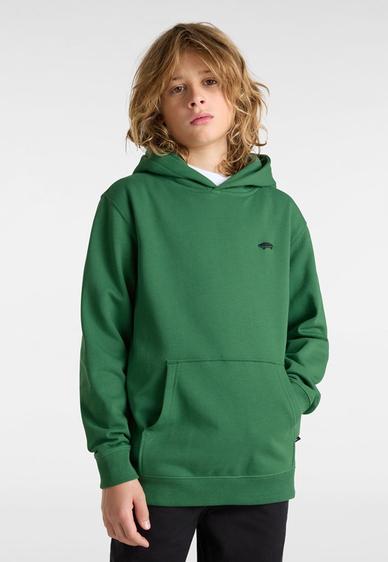 Felpa verde con cappuccio realizzata in tessuto morbido; presenta una tasca a marsupio e un piccolo logo sul petto. Design semplice con polsini a costine.