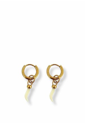 Gold hoop earrings with small rings and white horn-shaped pendants hanging from each.