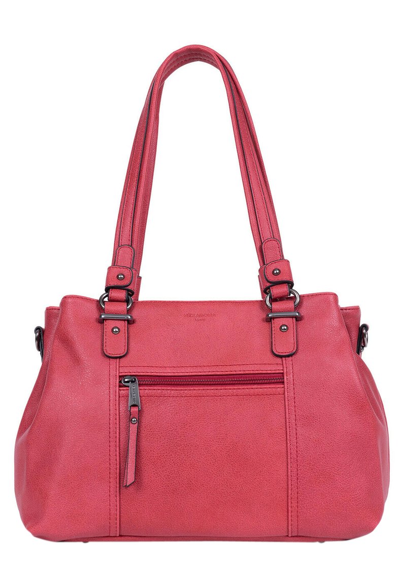 Borsa a tracolla sintetica rossa con superficie texture, manici doppi, chiusura superiore con zip e tasca frontale con zip. Presenta accessori in tonalità argentata.