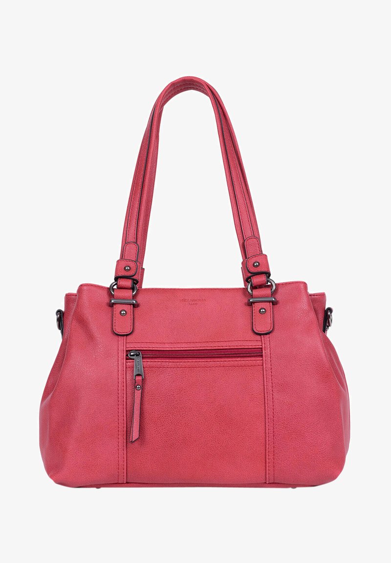 Borsa a tracolla sintetica rossa con superficie texture, manici doppi, chiusura superiore con zip e tasca frontale con zip. Presenta accessori in tonalità argentata.