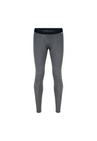 Graue Leggings aus weichem, dehnbarem Stoff, mit einem schwarzen Taillenbund und einer figurbetonten Passform. Glatte Textur mit verstärkten Nähten.