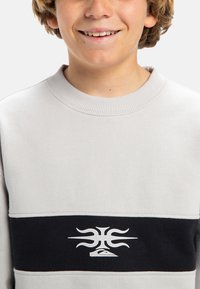 Vaaleanharmaa huppari, jossa on kontrastina musta valokuvio, jossa on valkoinen graafinen suunnittelu keskellä. Ribbed crew -pääntie ja pehmeä rakenne.