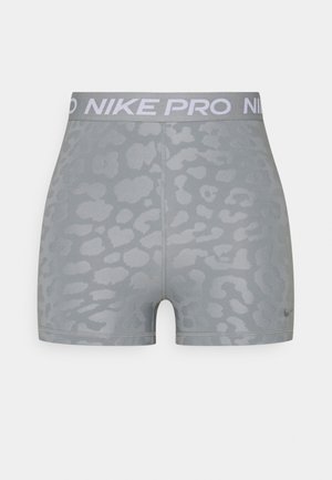 Gray shorts with a subtle leopard print, elastic waistband featuring "NIKE PRO" logo in white, and smooth, stretchy fabric.