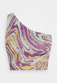 Top cropped de um ombro em tecido de malha suave, apresentando um padrão marmoreado nas cores roxa, amarela e verde-água, com uma textura suave.