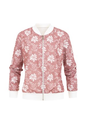 Pink lynlåsjakke med hvidt blomsterprint, hvid ribbet krave, manchetter og linning, lange ærmer og let samling nederst.