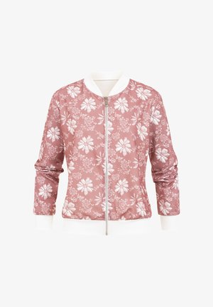 Pink lynlåsjakke med hvidt blomsterprint, hvid ribbet krave, manchetter og linning, lange ærmer og let samling nederst.