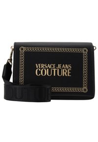 Borsa a tracolla nera Versace Jeans Couture con design a bordura dorata e ampia tracolla nera impressa con il testo "COUTURE".
