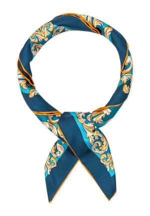 Silk scarf in teal and navy, featuring intricate gold and white floral patterns, tied in a loop with pointed ends and a smooth texture.