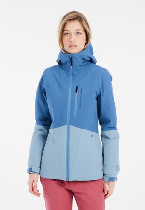 Wasserdichte Ski-Jacke in Blau und Hellblau mit Kapuze, Reißverschlusstaschen und einem eleganten Design. Mit rosa Akzenten und verstellbaren Bündchen.