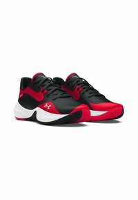Black and red athletic shoes featuring a smooth synthetic upper, lace closure, cushioned midsole, and textured rubber outsole for traction.
