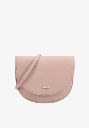 Small light pink textured leather crossbody bag with flap closure and slim strap, featuring a small gold logo detail at the center front.