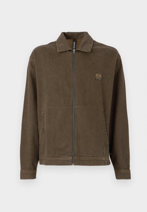 Brown and black vertical striped zip-up jacket with collar and side pockets, featuring a small logo patch on the chest.
