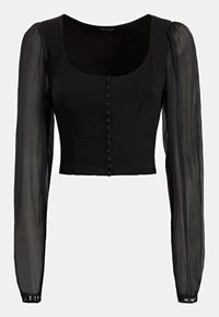 Sort cropped top med lange gennemsigtige ærmer, firkantet halsudskæring og dekorativ knaplukning foran; glat hovedstof med strukturerede ærmer.
