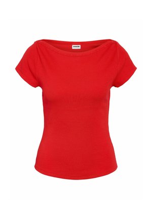 Red short-sleeve fitted top with a wide round neckline and ribbed texture, displayed against a white background.