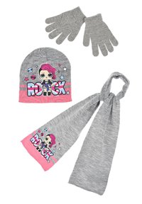 Set di cappello lavorato a maglia grigio, guanti e sciarpa con grafiche di personaggi e accenti rosa, arricchiti da stelle colorate. Texture morbida e design casual.