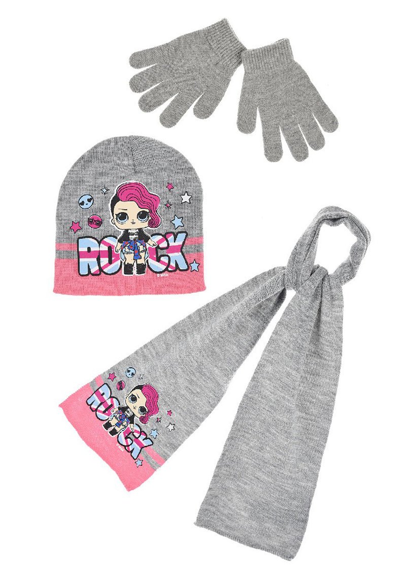 Set di cappello lavorato a maglia grigio, guanti e sciarpa con grafiche di personaggi e accenti rosa, arricchiti da stelle colorate. Texture morbida e design casual.