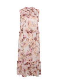 Rochie cu model floral în nuanțe de roz deschis, maro și galben; fără mâneci, cu decolteu volănaș și fuste în straturi la tiv. Material din chiffon fluid.