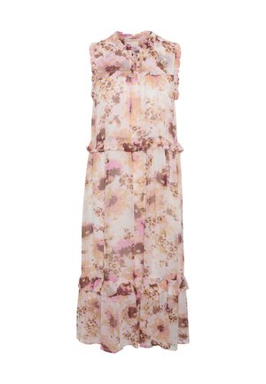Robe s cvetličnim vzorcem v svetlo roza, rjavi in rumeni barvi; brez rokavov z nabranim ovratnikom in sloji na robu. Tokovnega šifona.