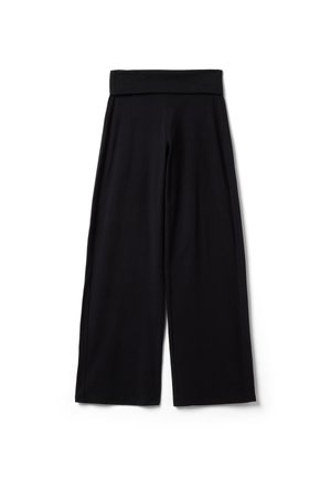 Pantalones negros de pierna ancha con una cintura alta doblada, colocados planos sobre un fondo blanco.