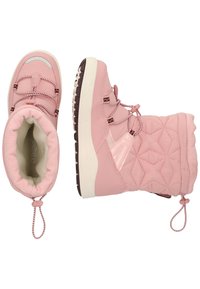 Rosa vattentåliga vinterstövlar med quiltad textur, gummisula, snoddskosnören och ett mjukt foder. Med en dragflik för enkel påtagning.