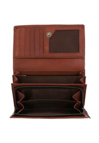 Brown leather wallet with multiple card slots, an ID window, and several compartments. Features a zippered pocket and textured interior.