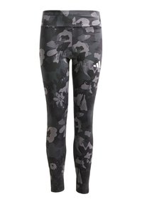 Leggings ajustados en negro y gris con un patrón de camuflaje floral, fabricados en material elástico, que presentan una cinturilla alta y una textura suave.