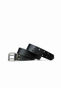 Black leather belt with silver double-prong buckle, multiple adjustment holes, laid coiled on a white background.