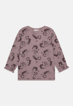 Long-sleeve shirt in mauve fabric, featuring a repeated dark brown horse pattern and ruffled cuffs. Soft texture, crew neck design.