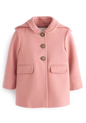 Weicher rosa Wollmantel mit drei großen Knöpfen, rundem Kragen, aufgesetzten Taschen und langen Ärmeln.