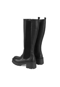 Zwarte leren kniehoge laarzen met een gestructureerde afwerking, elastische panelen, dikke rubberen zolen en trekbanden aan de bovenkant voor eenvoudig aan- en uittrekken.