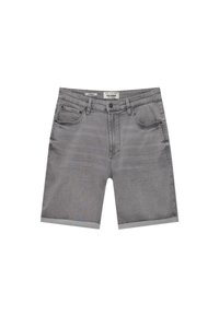 Grijze denim shorts met een rechte pasvorm, voorzien van vijf zakken, een sluiting met een knoop aan de voorkant en opgerolde zomen. Smalle textuur met gematigde vervaging.