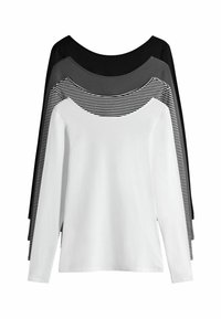 Set aus vier Langarmhemden: eines in Weiß, eines in Schwarz, eines in Dunkelgrau und eines mit schwarz-weißen Streifen. Aus weichem Baumwollmaterial, mit Rundhalsausschnitt.