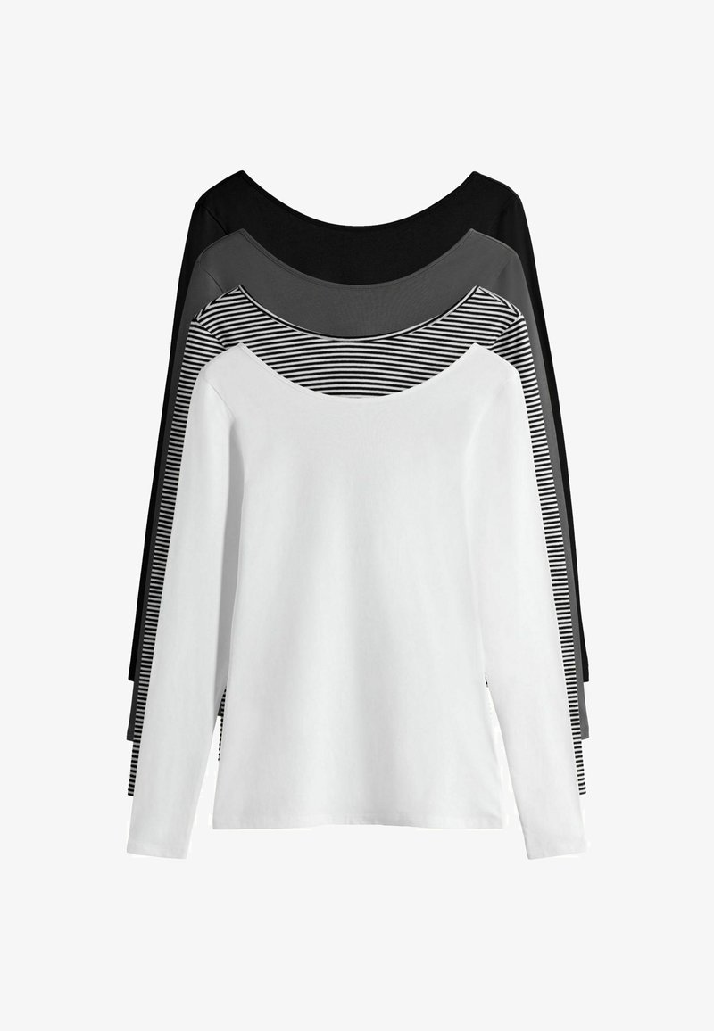 Pack of four long-sleeve shirts: one white, one black, one dark gray, and one black and white striped. Soft cotton material, scoop neck design.