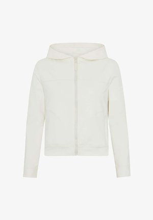 Huppari vaaleanbeigellä vetoketjulla, joka on valmistettu pehmeästä kankaasta. Siinä on joustinkangasta vuorattu huppu, ribbikuvioidut hihansuut ja etusauman yksityiskohdat.