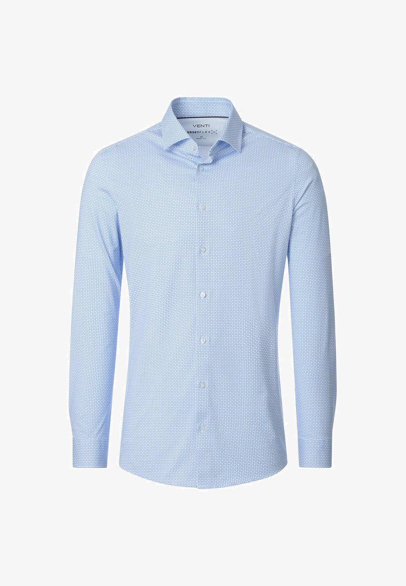 Lyseblå, langærmet herreskjorte med lille geometrisk mønster, knaplukning foran og klassisk krave.