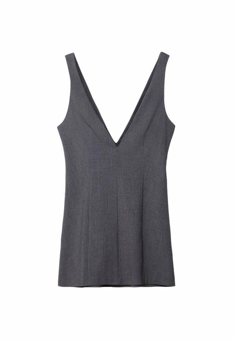 Top grigio senza maniche con scollatura a V profonda, vestibilità sartoriale e texture liscia. Realizzato in tessuto leggero con una lucentezza delicata.