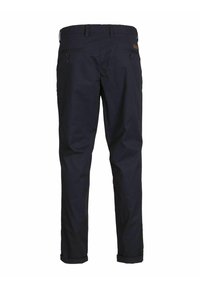 Chino blu navy con gamba dritta, due tasche posteriori e orlo arrotolato. Realizzati in un tessuto liscio e resistente.