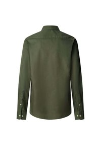 Camicia verde oliva a maniche lunghe con colletto classico, polsini a bottone e una texture liscia. Il retro è semplice, senza motivi o ornamenti.