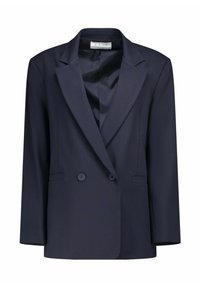Blazer doppiopetto blu navy in tessuto liscio, con rever a incavo, due tasche frontali e bottoni decorativi.