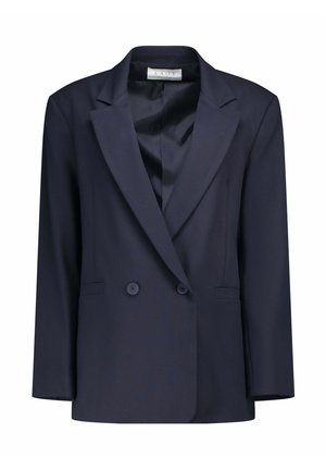 Blazer doppiopetto blu navy in tessuto liscio, con rever a incavo, due tasche frontali e bottoni decorativi.