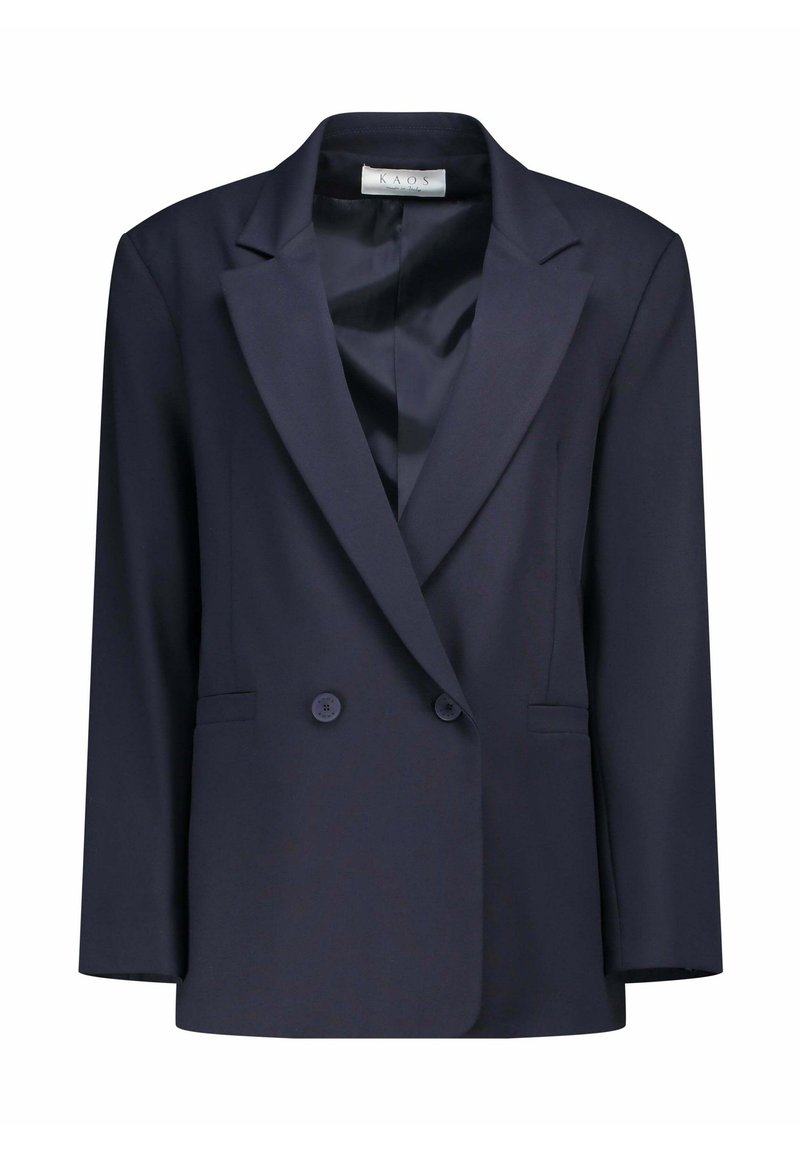Blazer doppiopetto blu navy in tessuto liscio, con rever a incavo, due tasche frontali e bottoni decorativi.
