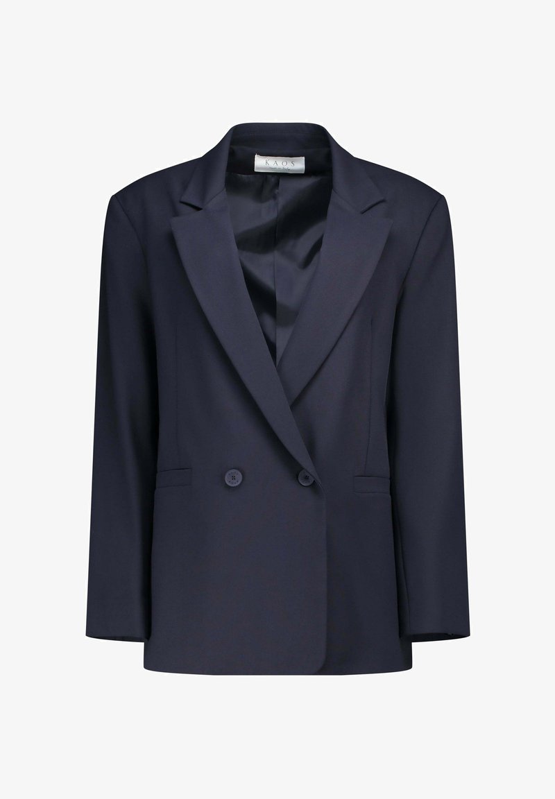 Blazer doppiopetto blu navy in tessuto liscio, con rever a incavo, due tasche frontali e bottoni decorativi.